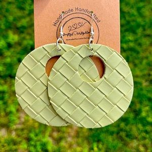 Bohemian Weaved Textured Lattice Teal-Green Circular Faux Leather Earrings